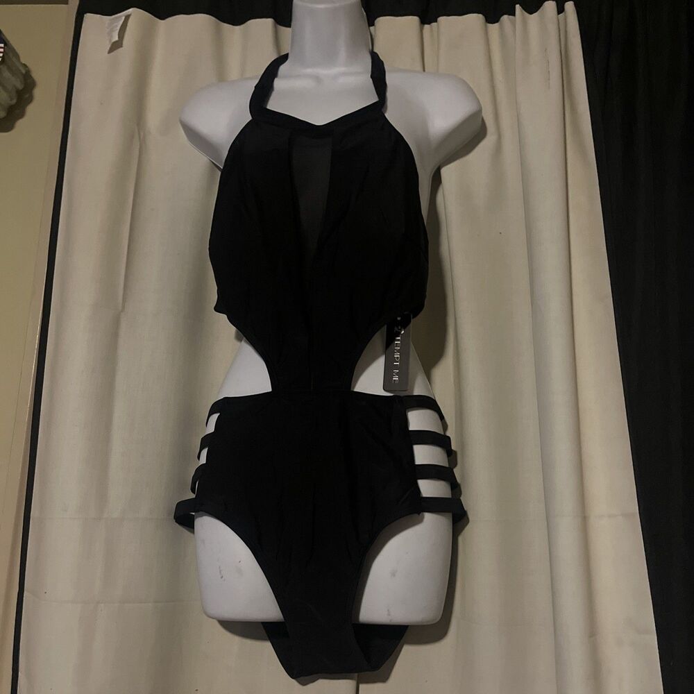 Tempt Me High Neck Plunge Mesh Cutout Black One Piece Swimsuit Size Medium